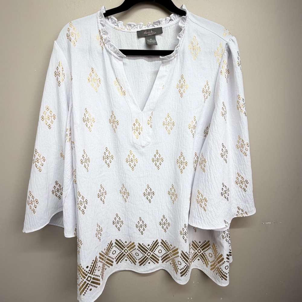 Olivia & Martin Womens 2X White Gold Geometric Print Ruffle Neck Tunic Blouse